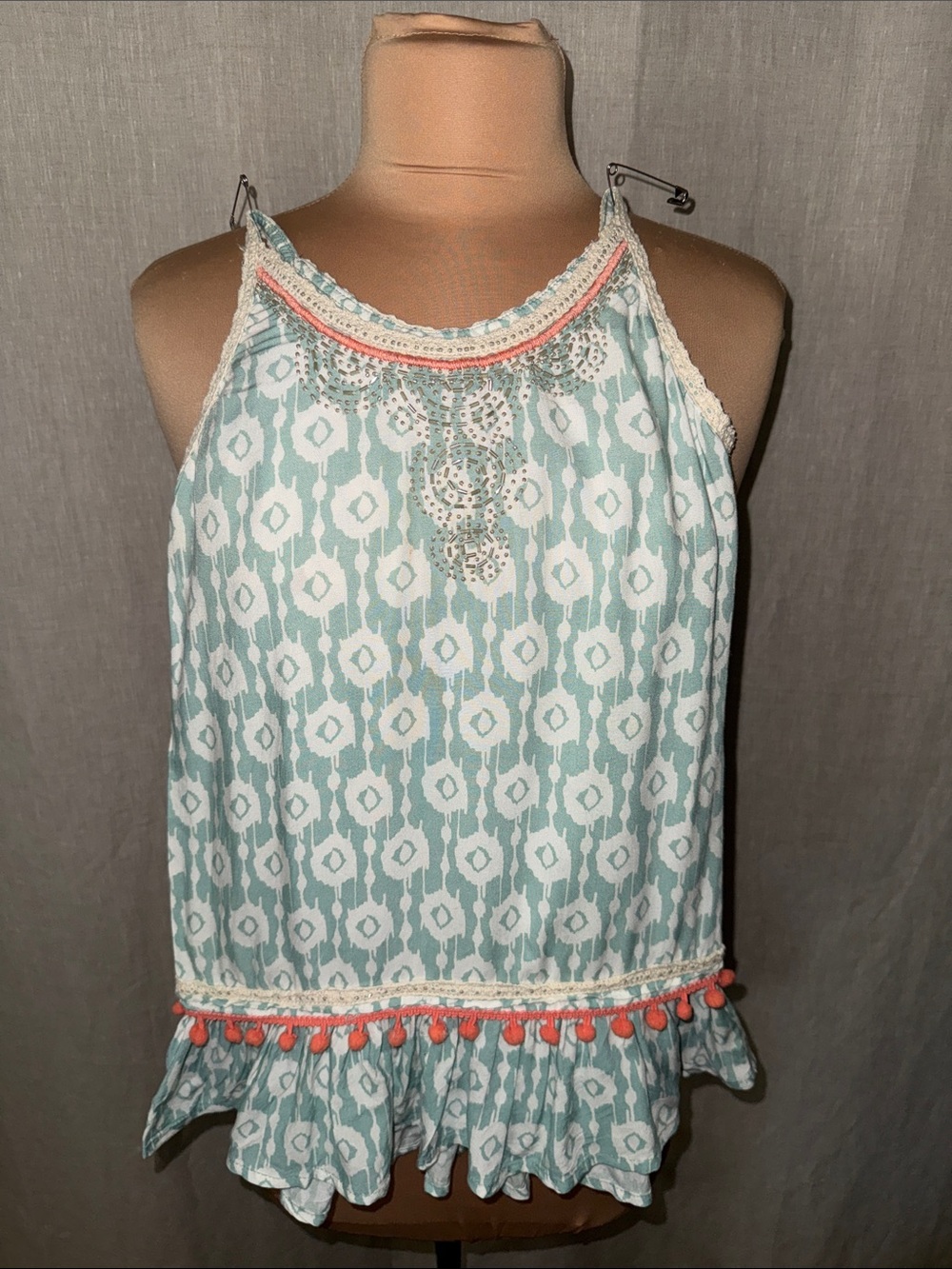 Skemo Teal and White Printed Halter Dress with Coral Trim